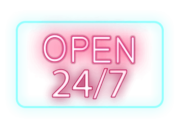 Neon sign saying 'Open 24/7'